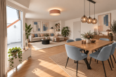 Wohnen auf zwei Ebenen! Helle Maisonettewohnung mit Balkon und Garage in Köln-Mengenich - Wohnzimmer - KI generiert